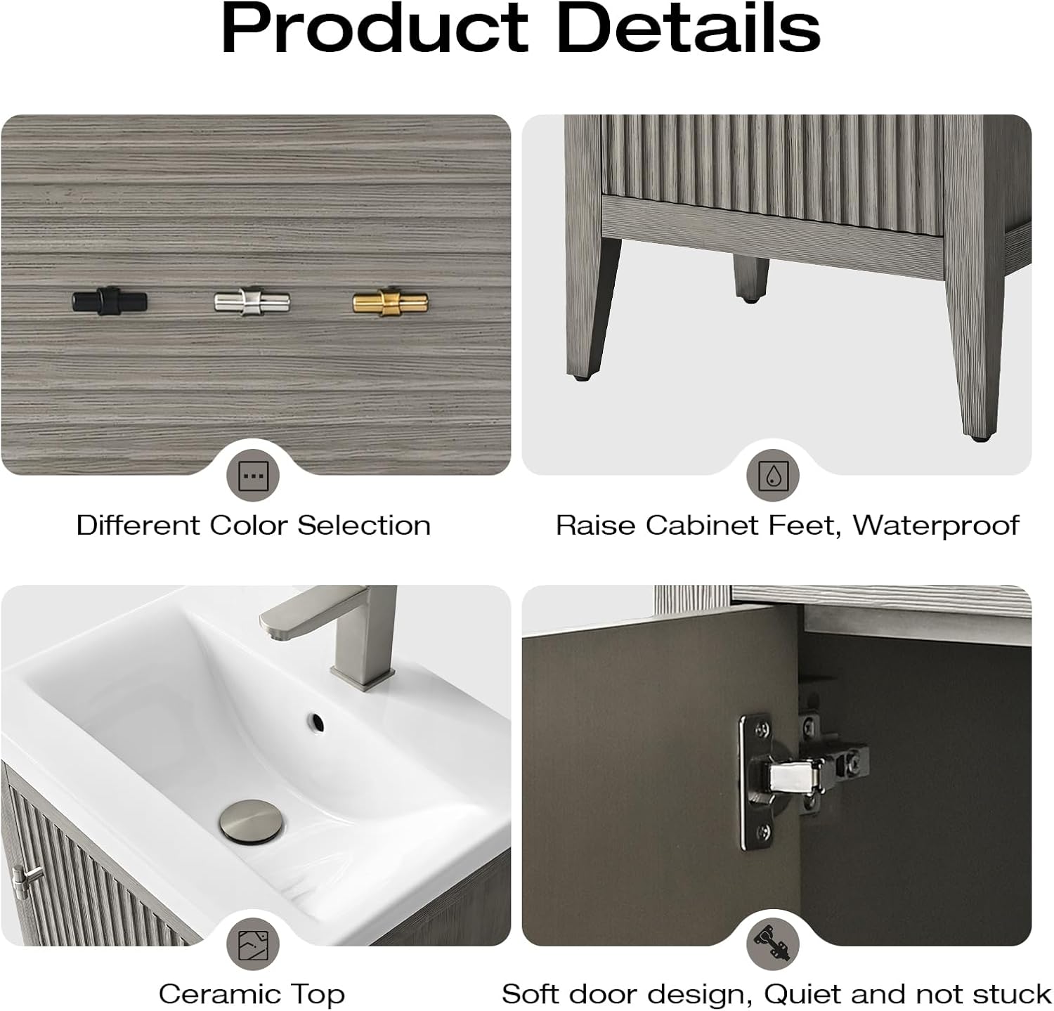 Vanity Art 20 inch Bathroom Vanity with Single Sink & Ceramic Top, Vanity Cabinet with Soft-Closing Door, Solid Wood Frame, Linear Pattern, Driftwood Gray, Golden Brushed Handware VA9120-DG-GB