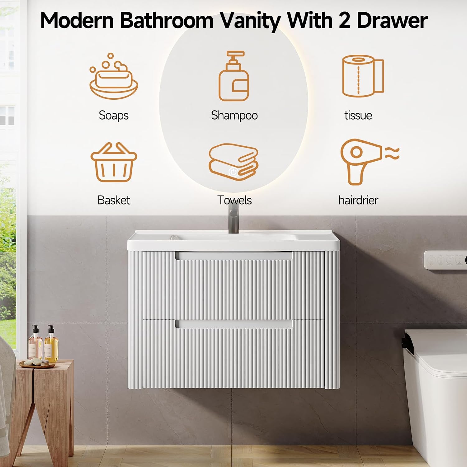 ONBRILL Modern Bathroom Vanity with Sink Combo, Curved Floating Bath Vanity with 2 Drawers, Wall Mount Bathroom Vanities with Integrated Ceramic Sink for Small Space, Apartment (White, 32')