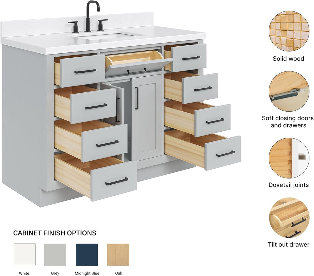 ARIEL Hepburn 48-inch Bathroom Vanity with Sink,Solid Wood, 1.5-inch Carrara White Quartz Countertop & Backsplash, Single Rectangular Porcelain Sink, 2 Soft Closing Doors, 9 Dovetail Drawers, Grey