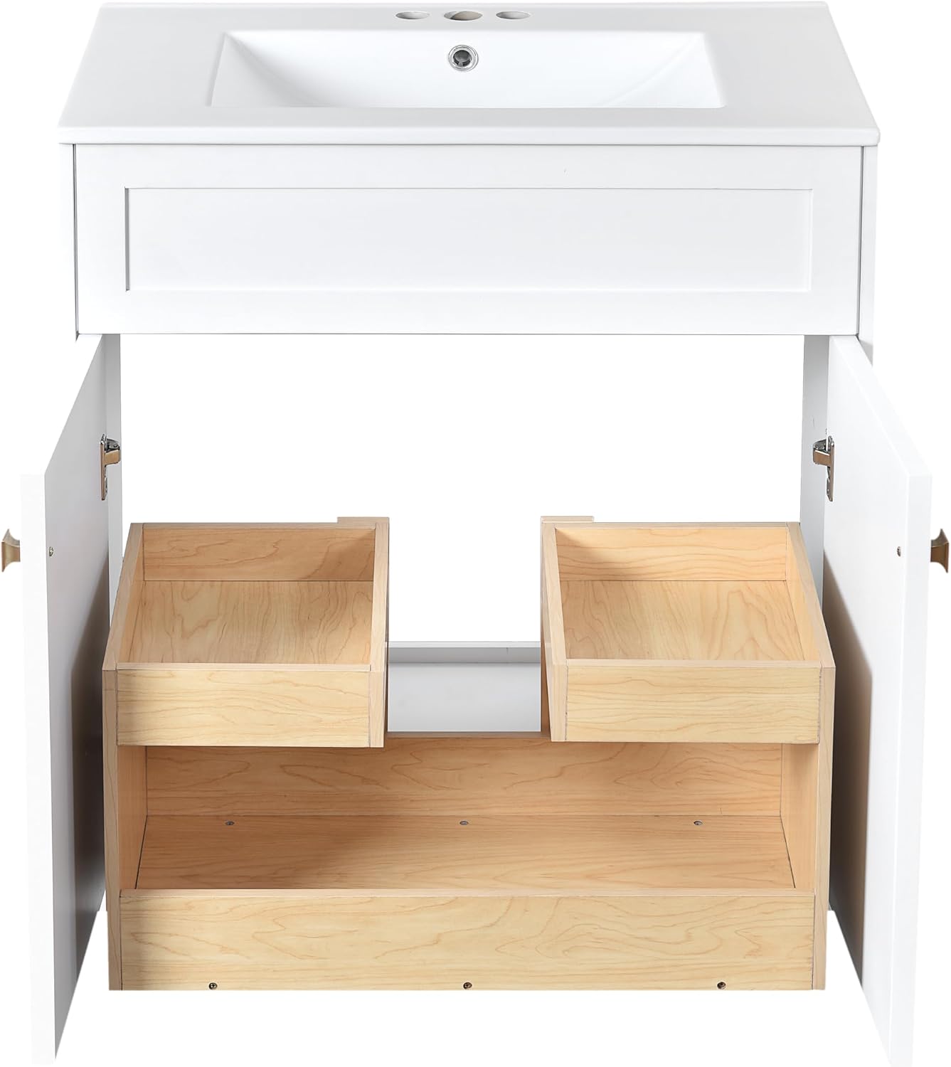 30 Inch White Bathroom Vanity with Sink,Modern Freestanding Bathroom Vanity with Storage Rack,Intergrated Countertop,Gold Handles,Elegant Soft Closing Doors(Ceramic Sink)
