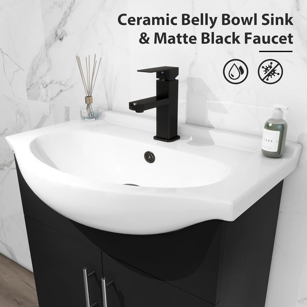LUCKWIND 24 Inch Black Laundry Sink Cabinet Set with Ceramic Belly Bowl Sink and Faucet - Bathroom Vanity Combo, Ceramic Utility Sink for Laundry, Utility Room, Bathroom, Kitchen
