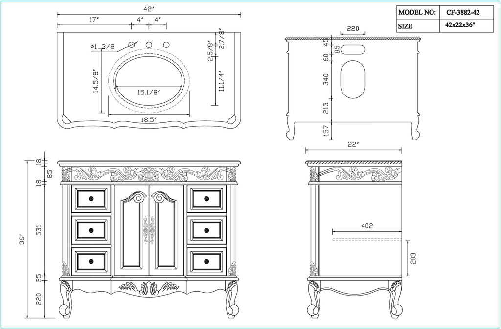 42 Inch Beckham Free-Standing Bathroom Vanity, Antique White Finish, Single Sink, White Marble Top, Porcelain Undermount Sink, 6 Drawers, Cabinet Storage, and Matching Mirror