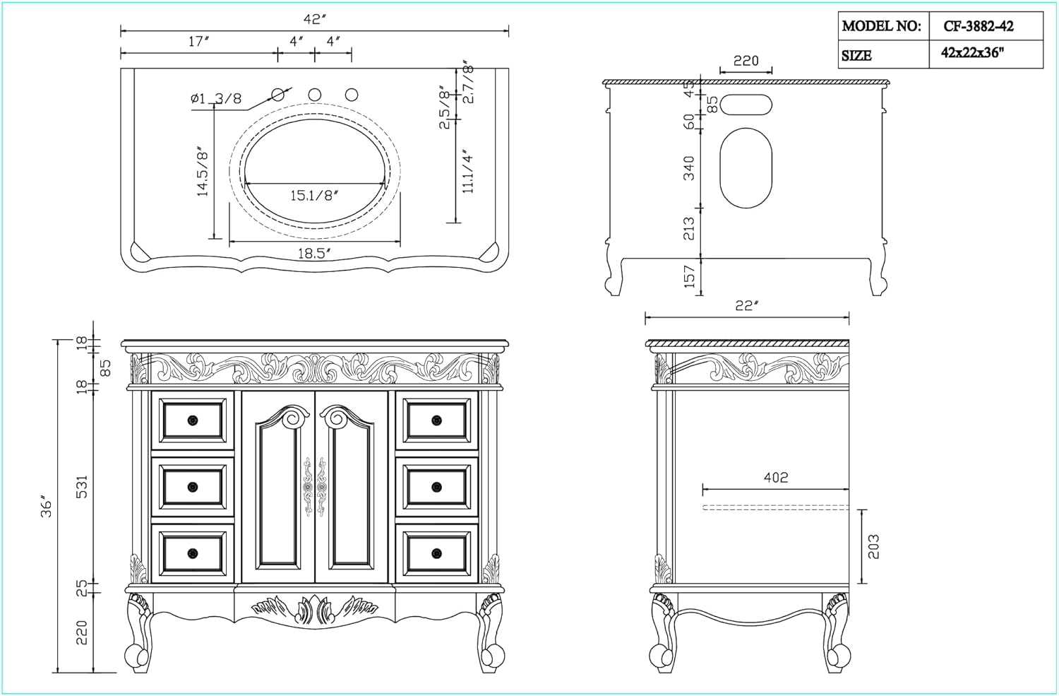 42 Inch Beckham Free-Standing Bathroom Vanity, Antique White Finish, Single Sink, White Marble Top, Porcelain Undermount Sink, 6 Drawers, Cabinet Storage, and Matching Mirror