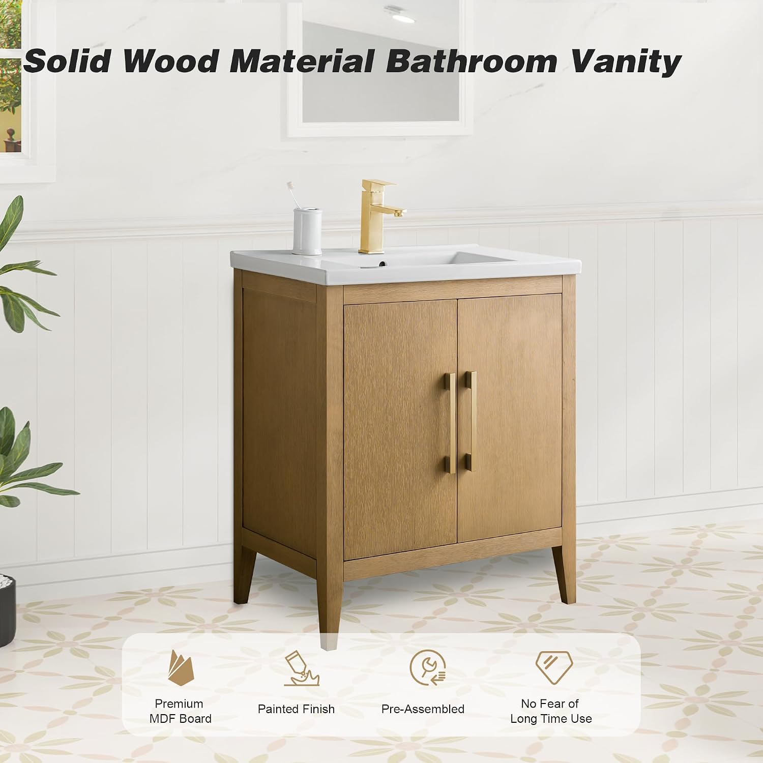 HOMEBEYOND 30 Inch Bathroom Vanities with Sink & Ceramic Top, Single Vanity Cabinet with Basin, Solid Wood Frame, Soft-Closing Doors & Golden Brushed Hardware, Natural Oak