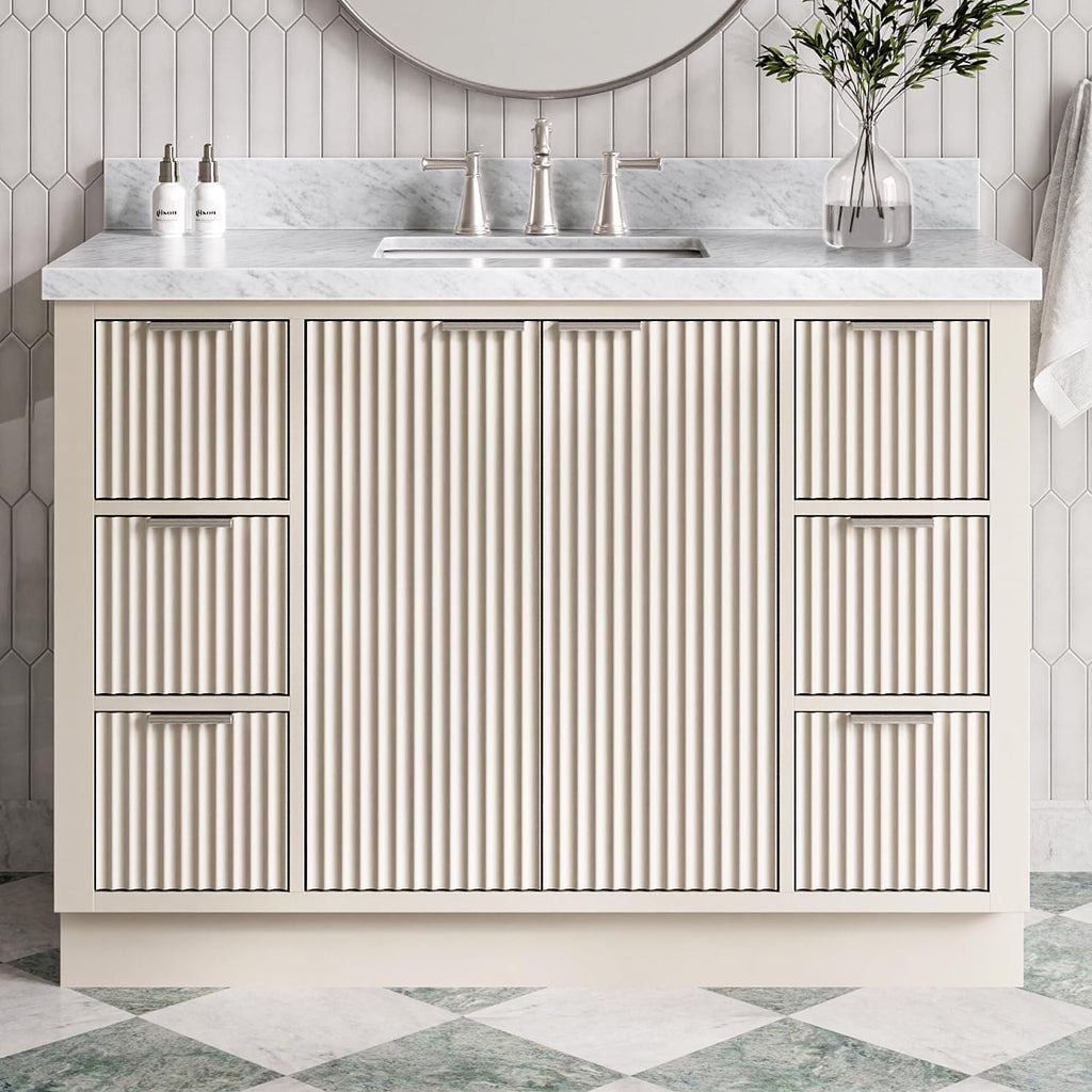 ARIEL Milan 48-inch Bathroom Vanity with Sink,Solid Wood, 1.5-inch Italian Carrara Marble Countertop, Single Rectangular Porcelain Sink, 2 Soft Closing Doors, 6 Dovetail Drawers, Warm White