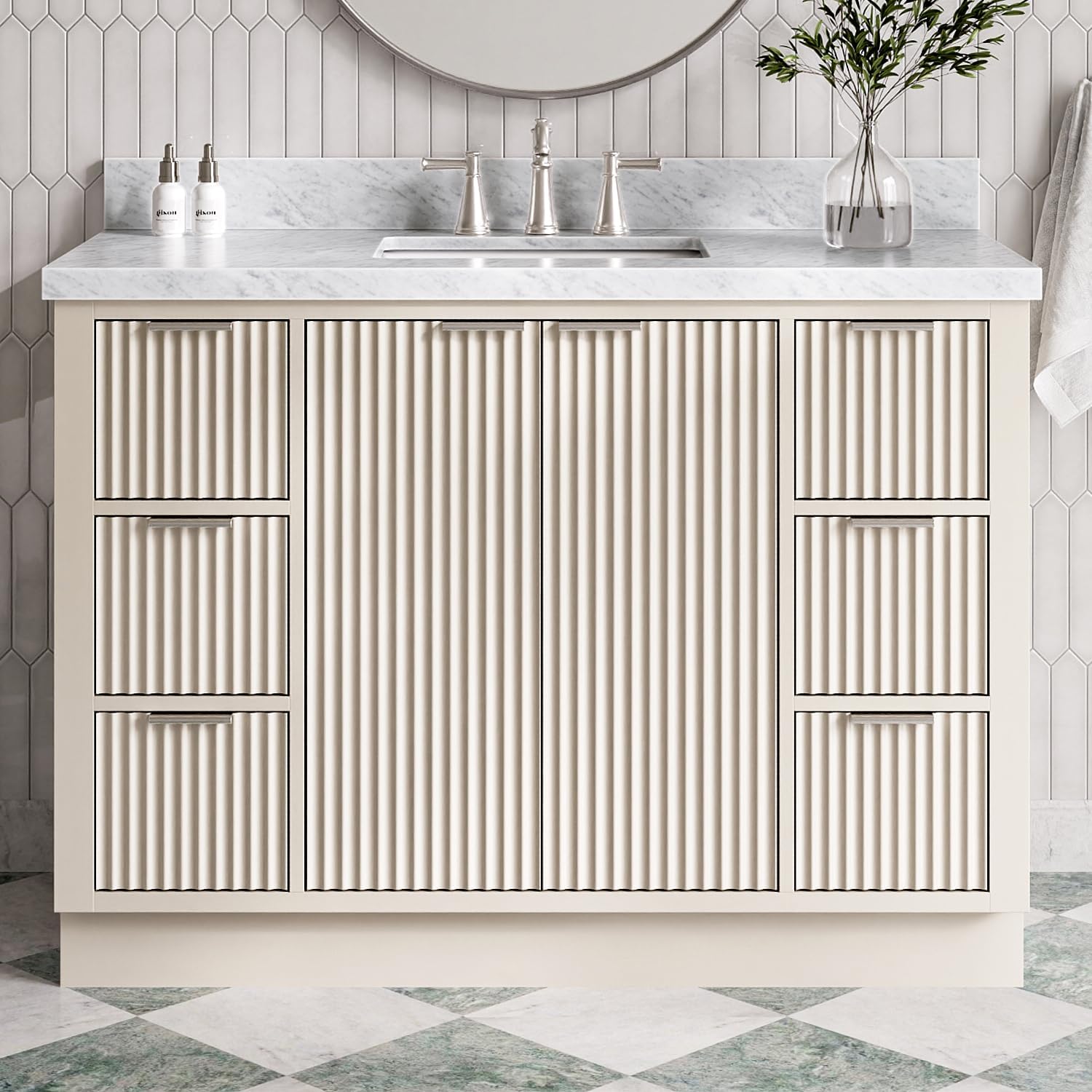 ARIEL Milan 48-inch Bathroom Vanity with Sink,Solid Wood, 1.5-inch Italian Carrara Marble Countertop, Single Rectangular Porcelain Sink, 2 Soft Closing Doors, 6 Dovetail Drawers, Warm White