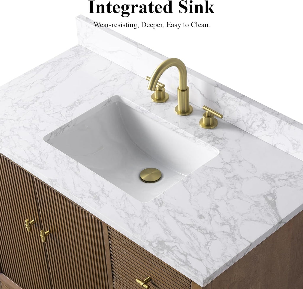HOMEBEYOND 42' Bathroom Vanity with Single Sink & Engineered Marble Top, Solid Wood Frame, Linear Pattern & Soft Close Door | Golden Brushed Handware, Walnut