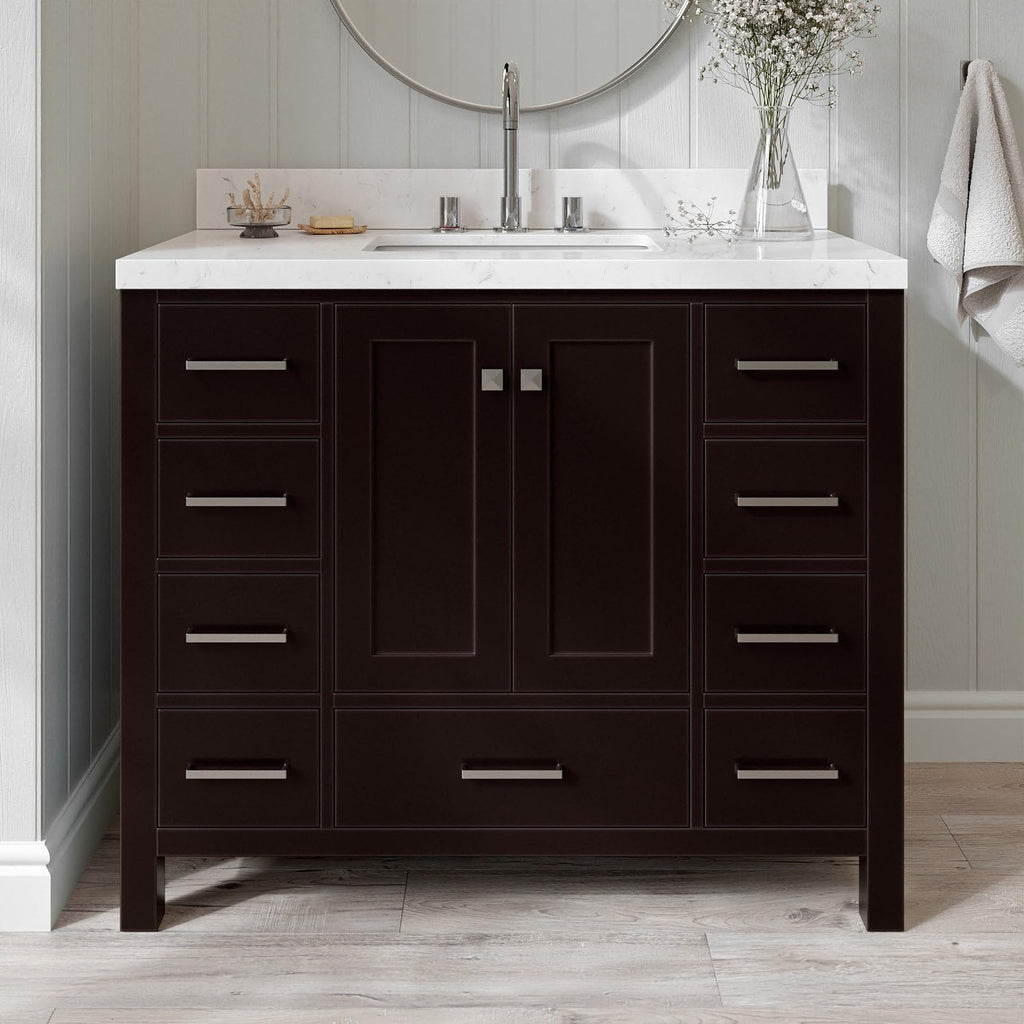 ARIEL Cambridge 42-inch Bathroom Vanity with Sink,Solid Wood, 1.5-inch Carrara White Quartz Countertop, Single Rectangular Porcelain Sink, 2 Soft Closing Doors, 9 Dovetail Drawers, Espresso