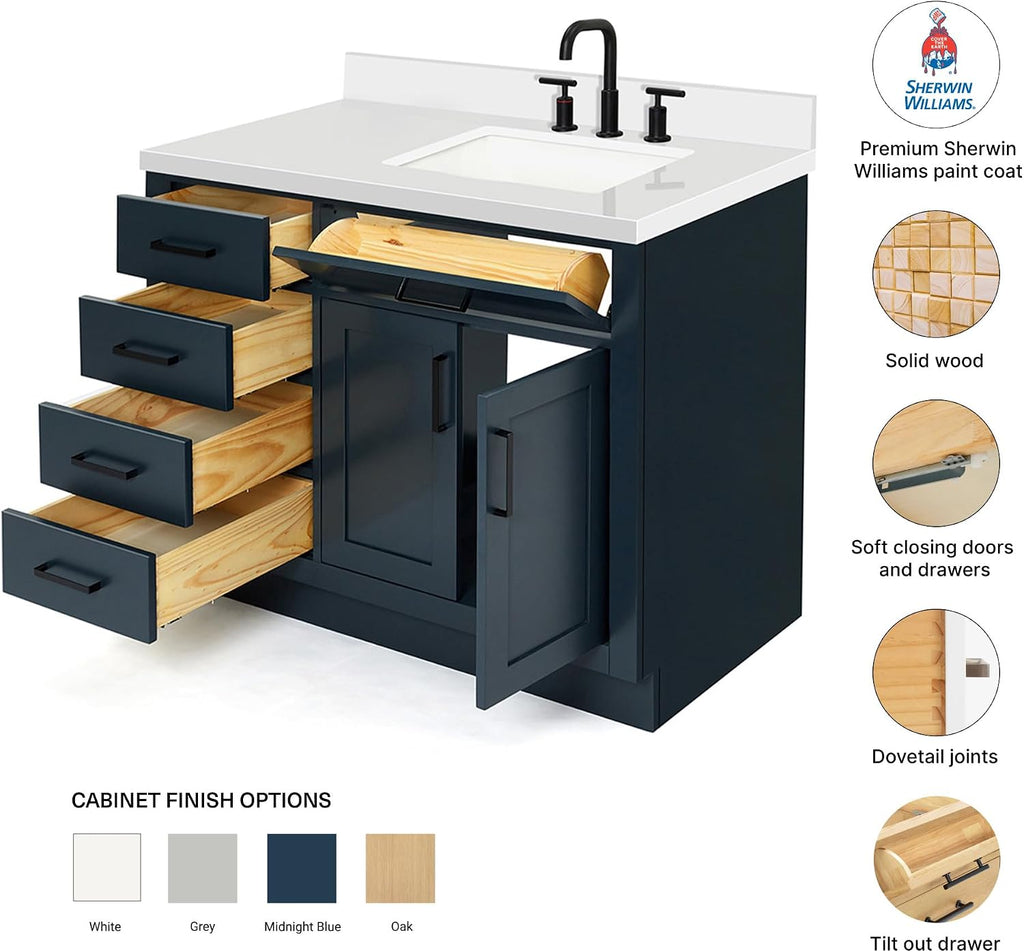 DKB Isabella 42' Midnight Blue Single Bathroom Vanity with Rectangular Undermount Sink, 1.5' Pure White Quartz Countertop, Solid Wood Frame, 2 Soft Closing Doors, 5 Full Extension Dovetail Drawers