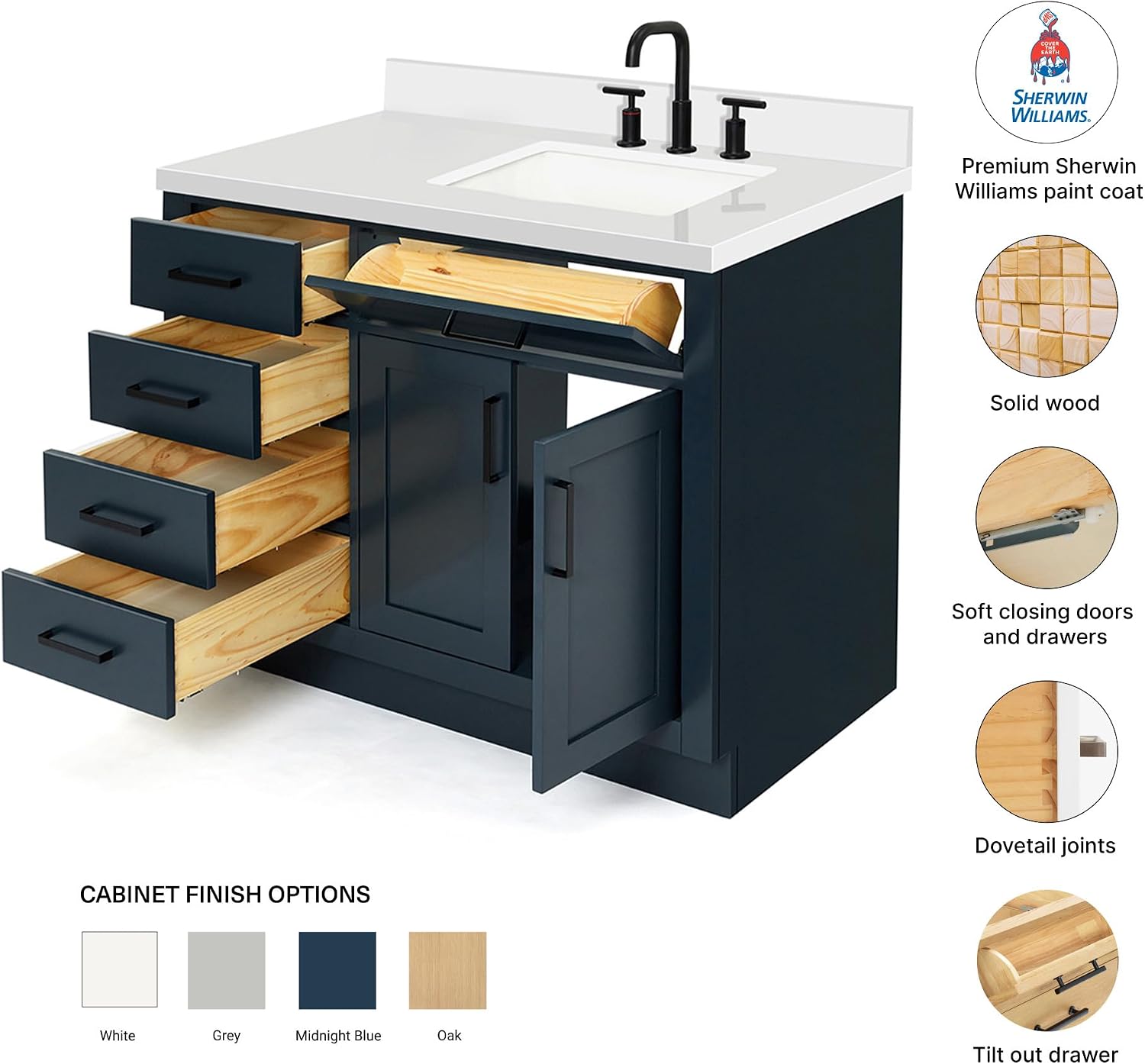 DKB Isabella 42' Midnight Blue Single Bathroom Vanity with Rectangular Undermount Sink, 1.5' Pure White Quartz Countertop, Solid Wood Frame, 2 Soft Closing Doors, 5 Full Extension Dovetail Drawers