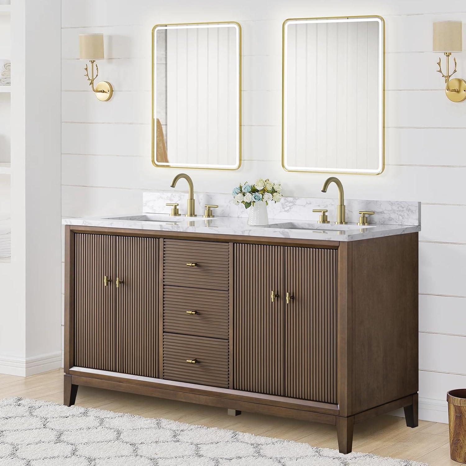 HOMEBEYOND 60' Bathroom Vanity with Double Sink & Engineered Marble Top, Solid Wood Frame, Linear Pattern & Soft Close Door | Golden Brushed Handware, Walnut