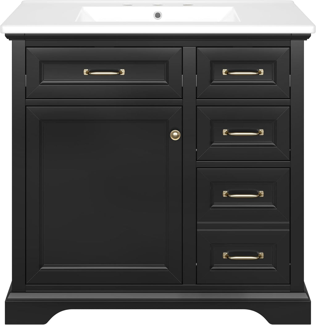 36' Bathroom Vanities Cabinet with Ceramic Sink Set Combo, Tip-Out Drawers, Storage Organizer Door Shelf, Soft-Closing Door, Black