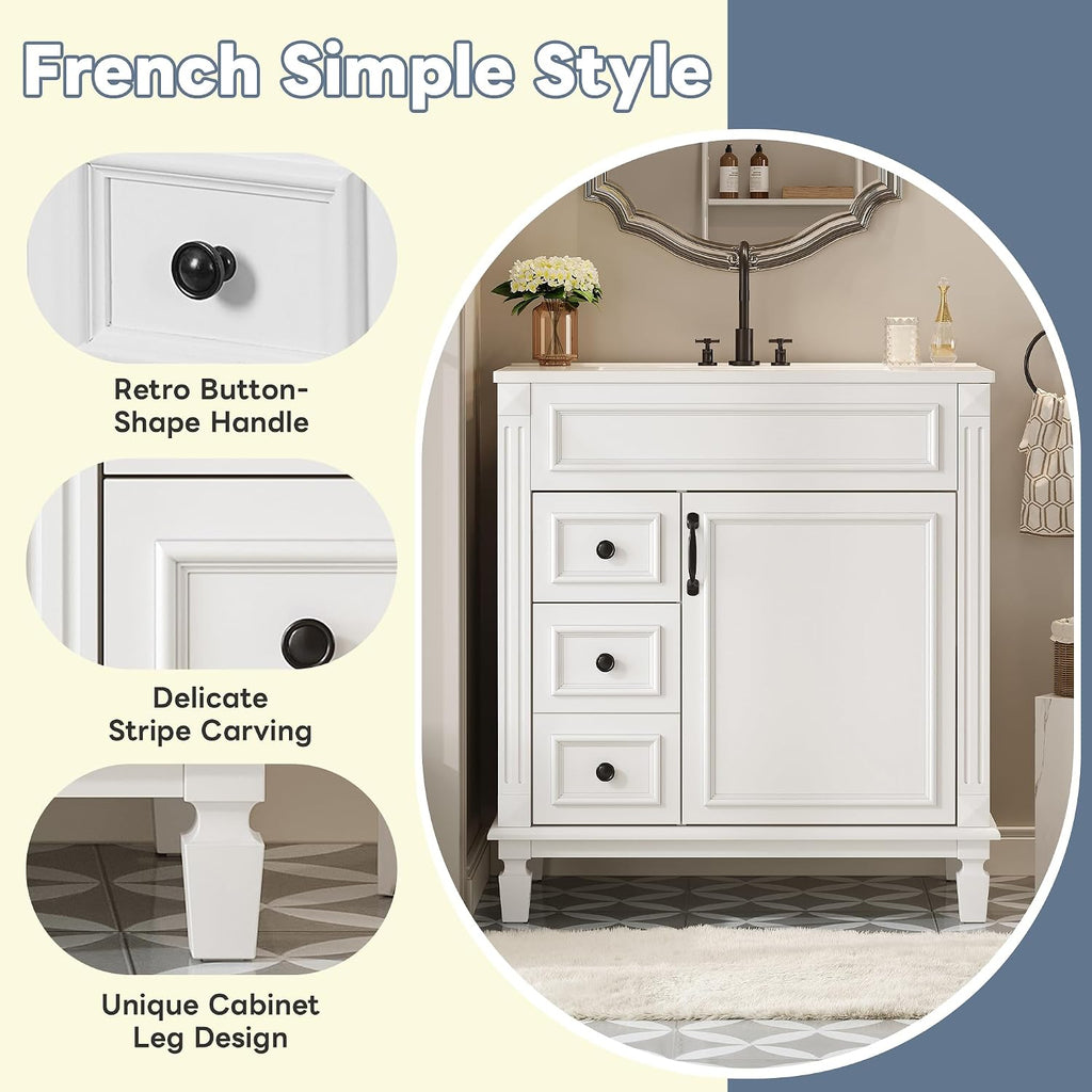 30 Inch White Bathroom Vanity with Sink & & Black Handles,Modern Bathroom Vanity with 2 Left Hand Drawers & Adjustable Shelf,Soft Closing Doors,Solid Wood Frame,French Embossed Front