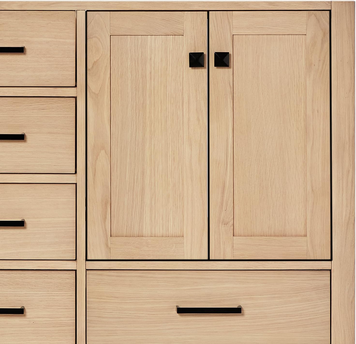 DKB Beckford 72-Inch Oak Double Bathroom Vanity, 1.5-Inch Pure White Quartz Countertop & 4-Inch Backsplash, Rectangle Sinks, 4 Soft Closing Doors, 6 Dovetail Drawers, Matte Black Hardware