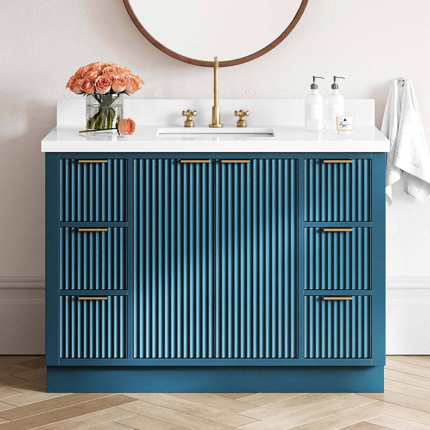 ARIEL Milan 48-inch Bathroom Vanity with Sink,Solid Wood, 1.5-inch Pure White Quartz Countertop, Single Rectangular Porcelain Sink, Soft Closing Doors, Dovetail Drawers, Vintage Blue