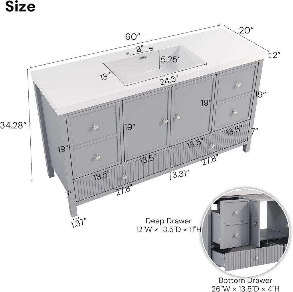 Merax 60 Inch Bathroom Vanity with Sink, Modern Freestanding Storage Cabinet with Soft Close Doors and 4 Drawers, Large Bathroom Furniture, Engineered Marble Top, Grey