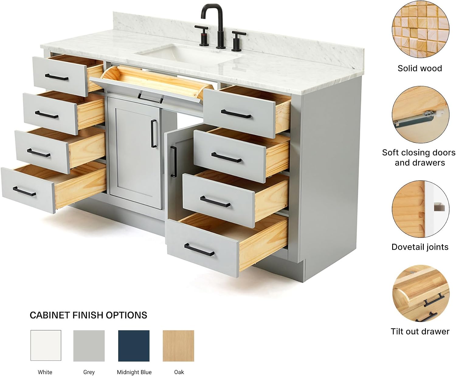 ARIEL Hepburn 60-inch Bathroom Vanity with Sink,Solid Wood, 0.75-inch Italian Carrara Marble Countertop, Single Rectangular Porcelain Sink, 2 Soft Closing Doors, 9 Dovetail Drawers, Grey