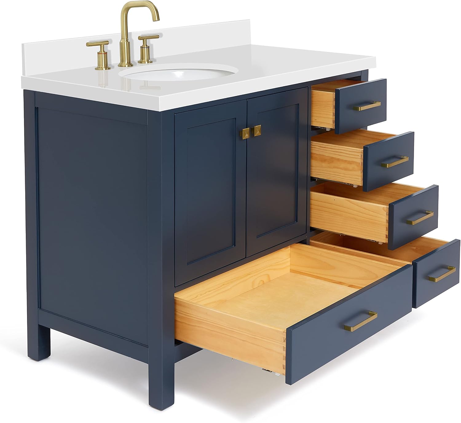ARIEL Cambridge 42-inch Bathroom Vanity with Sink,Solid Wood, 1.5-inch Pure White Quartz Countertop & Backsplash, Single Oval Porcelain Sink, 2 Soft Closing Doors, 5 Dovetail Drawers, Midnight Blue