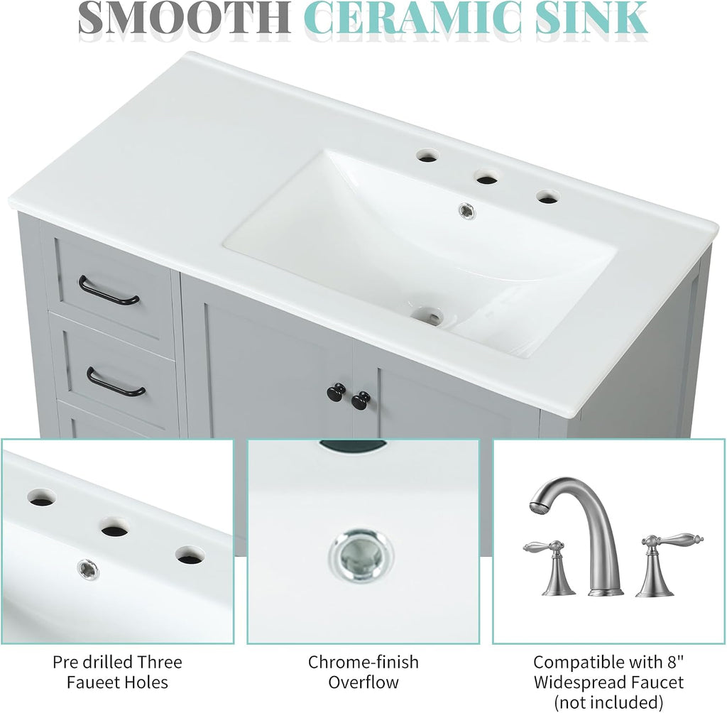 LUMISOL 36' Bathroom Vanity with Ceramic Sink, Modern Bathroom Vanities with 2 Drawers, Soft-Close Doors & Open Shelf, Solid Wood Bathroom Sink Cabinet with Offset Sink, Gray