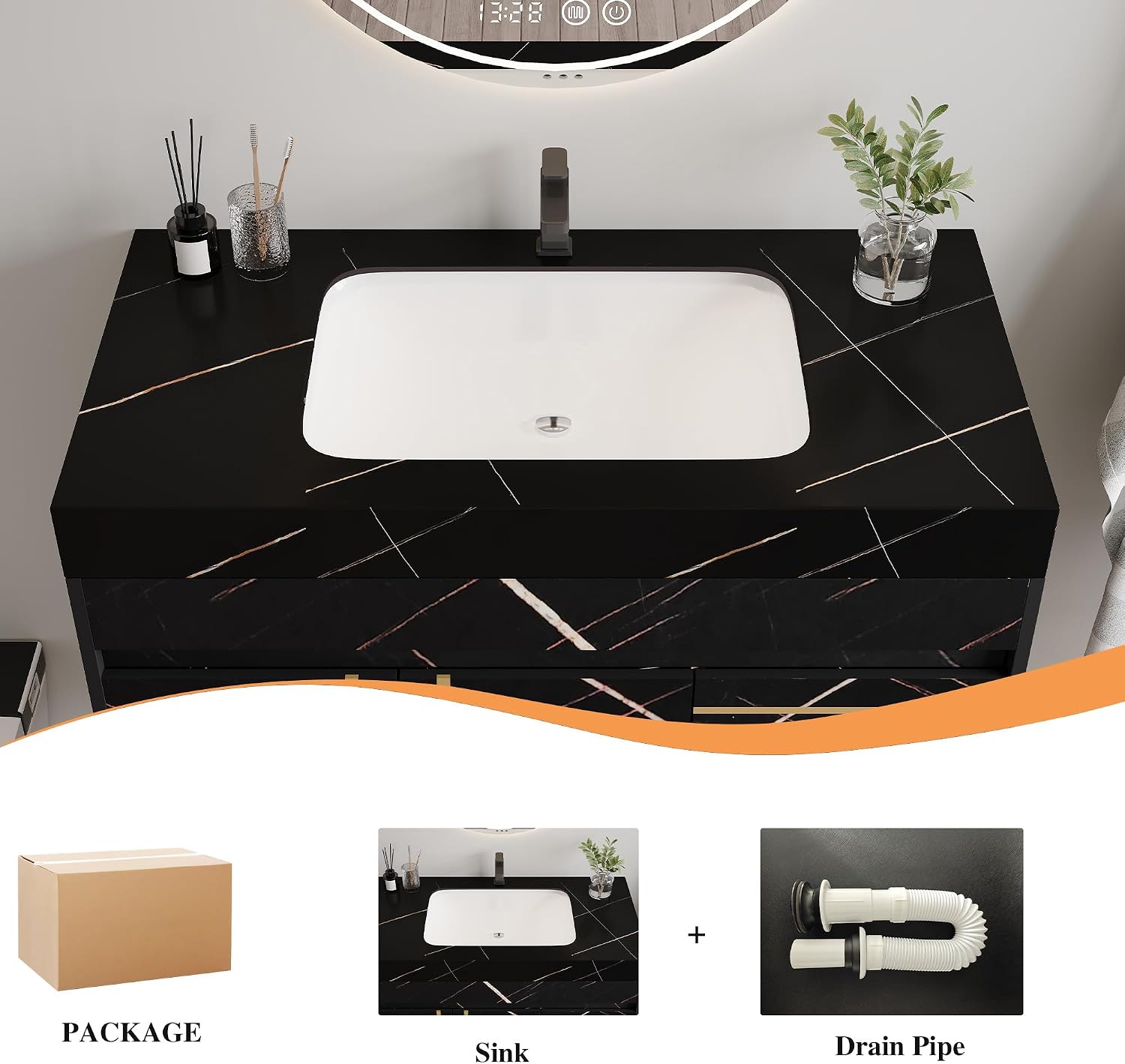 36' Bathroom Vanity with Sink Set, Modern Black Wall Mounted Bathroom Vanity Cabinet with Faux Marble Countertop,Gold Handle 2 Drawers & 1 Cabinet, Single Sink Floating Bathroom Vanity