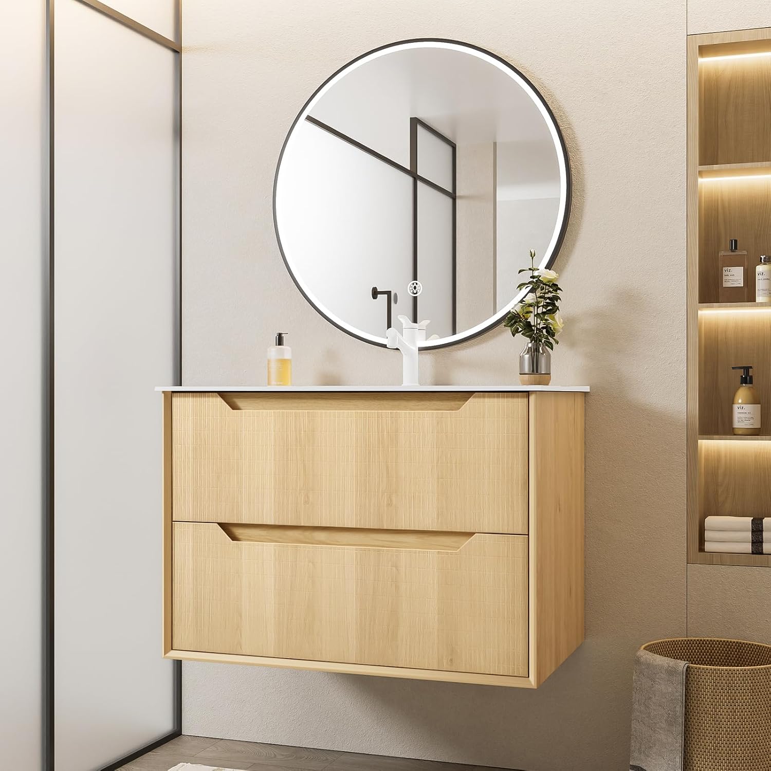 Eleshine 32' Wall Mounted Floating Bathroom Vanity with Sink, 2 Soft-Close Drawers, White Stone Top, Natural Oak Grid Texture, Multi-Layer Solid Wood, Pre-Assembled