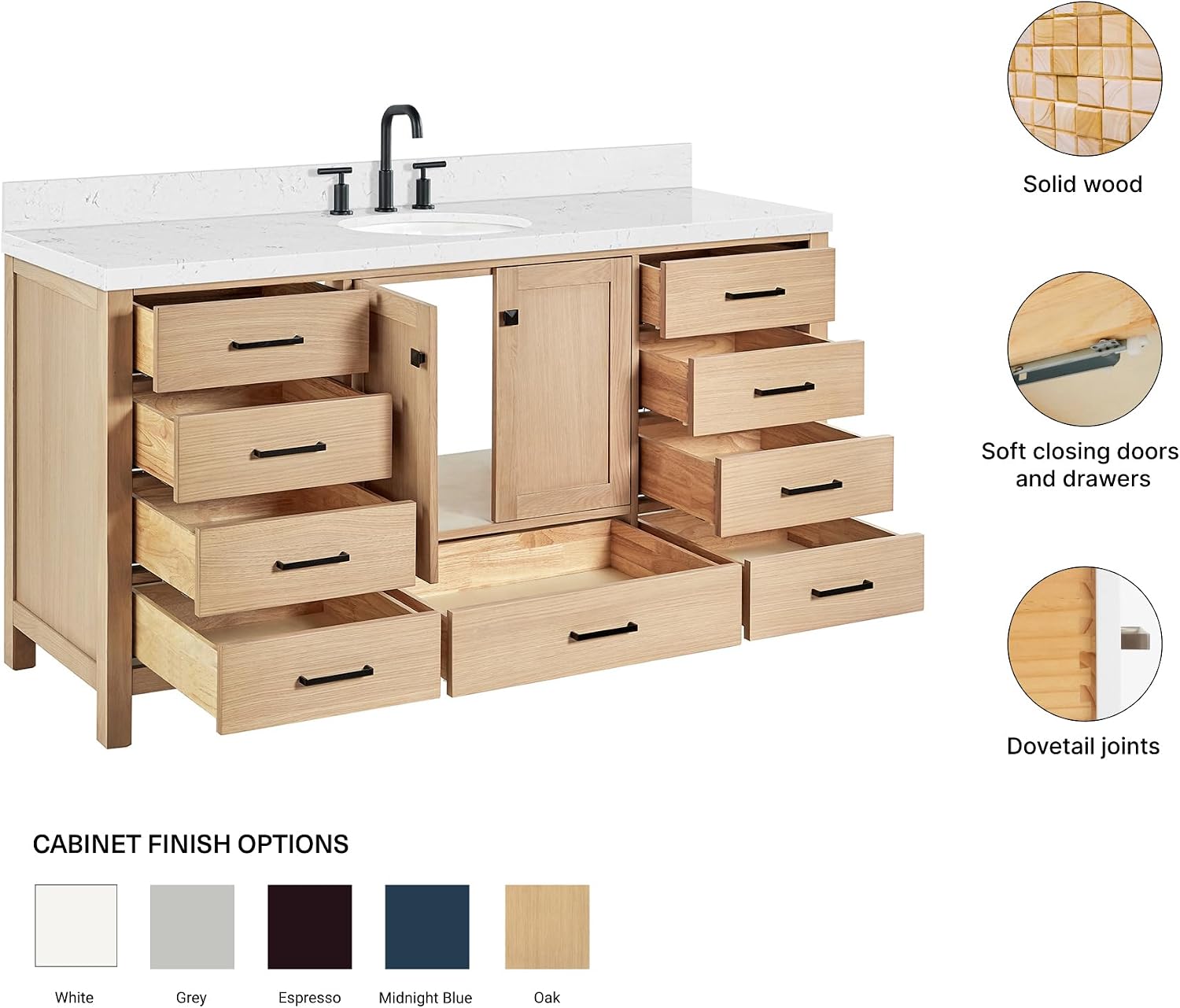 ARIEL Cambridge 66-inch Bathroom Vanity with Sink,Solid Wood, 1.5-inch Carrara White Quartz Countertop & Backsplash, Single Oval Porcelain Sink, 2 Soft Closing Doors, 9 Dovetail Drawers, White Oak