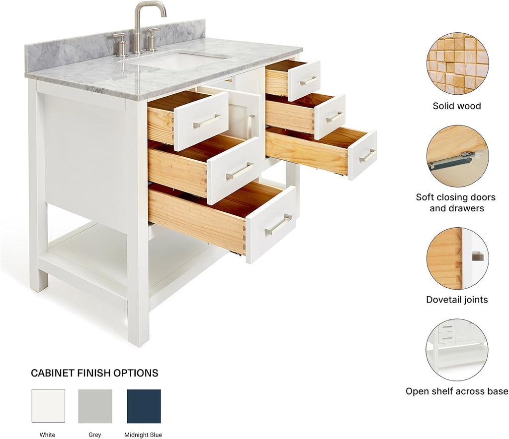 ARIEL Magnolia 48-inch Bathroom Vanity with Sink,Solid Wood, 0.75-inch Italian Carrara Marble Countertop, Single Rectangular Porcelain Sink, 2 Soft Closing Doors, 6 Dovetail Drawers, White