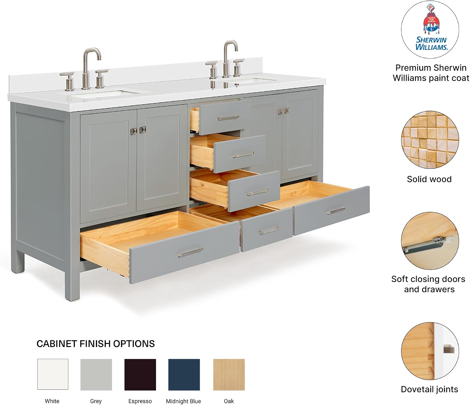 DKB Beckford 72 Inch Bathroom Vanity Double Sink — Grey Bathroom Vanity with Sink, 1.5' Edge Pure White Quartz Countertop & Backsplash, 4 Soft-Close Doors, 6 Dovetail Drawers