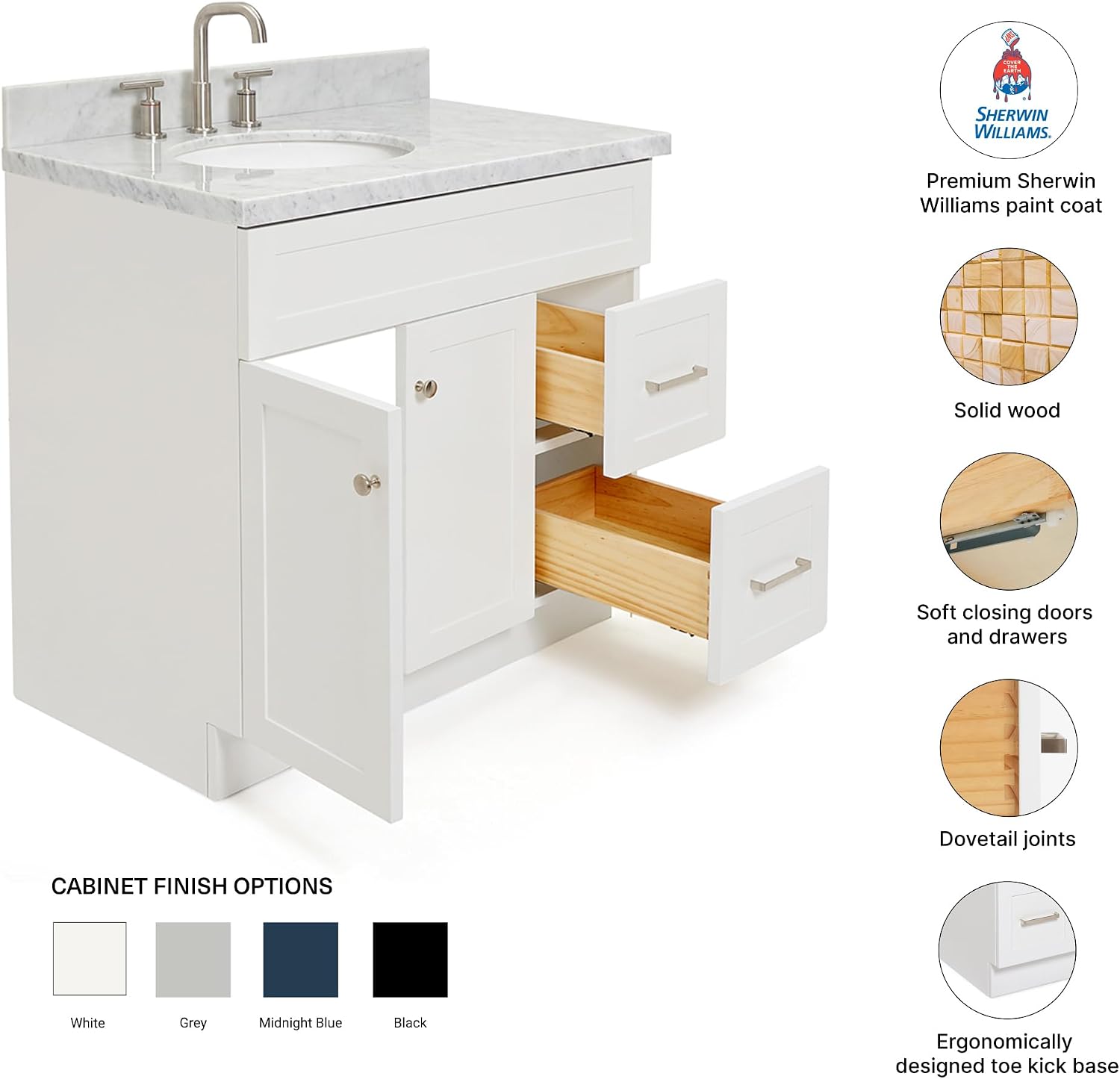DKB Bradford 36' White Single Bathroom Vanity with Sink, 1.5' Edge Italian Carrara Marble Countertop, Oval Sink, Solid Wood Frame, 2 Soft Closing Doors, 2 Dovetail Drawers, Satin Brass