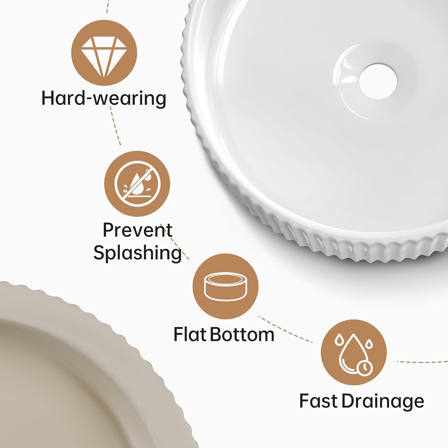 KES White Round Vessel Sink with Fluted Texture, 16 Inch Ceramic Bathroom Sink Above Counter, Small Porcelain Bowl Sink for RV Lavatory Vanity Countertop, BVSC129