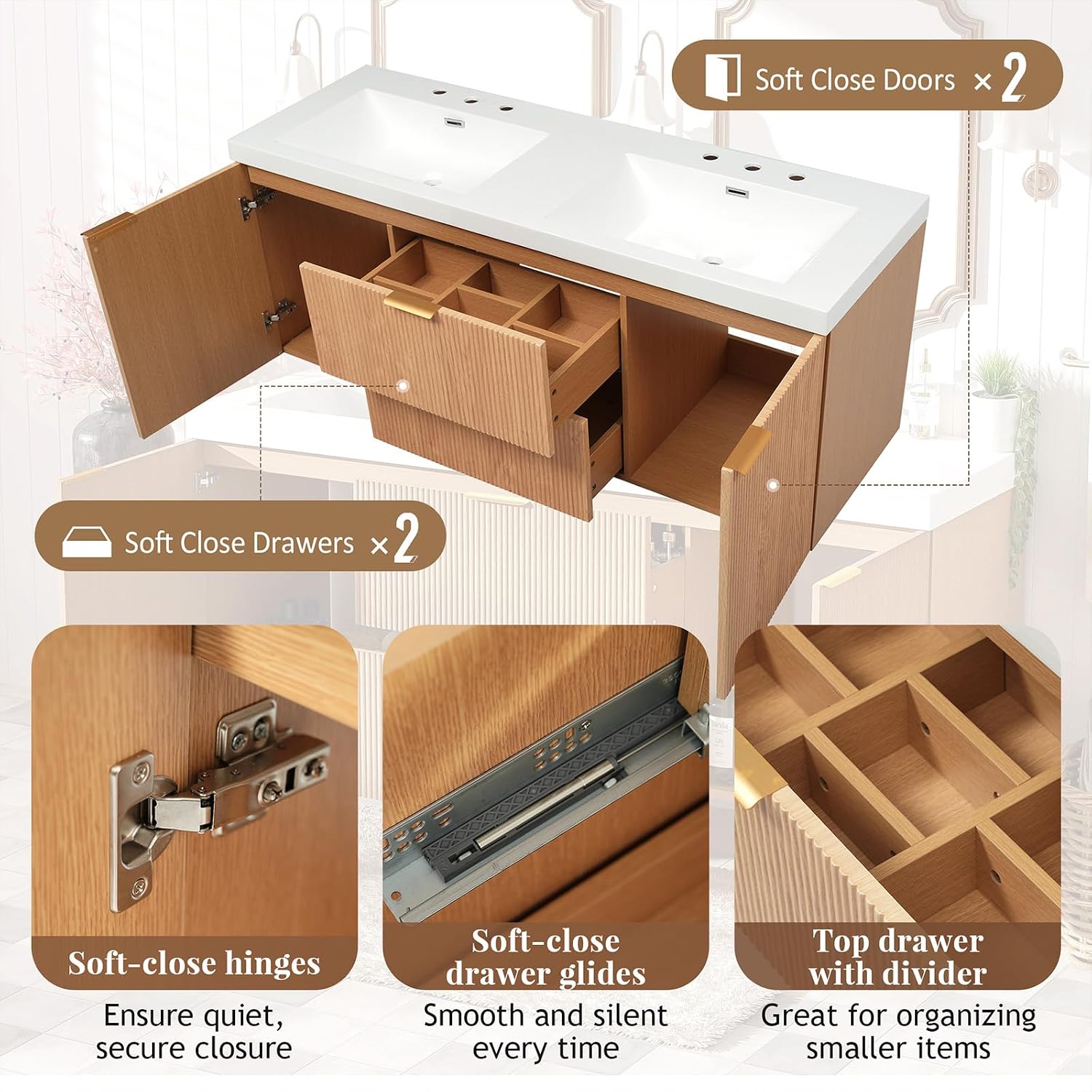 60' Bathroom Vanity with Sink Combo, Floating Double Sink Bathroom Vanity with SMC Resin Top, MDF Cabinet with 2 Soft-Close Doors 2 Drawers, Wall-Mounted Vanities for Large Bathrooms, Wood