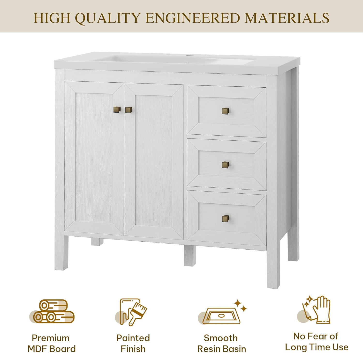 DWVO 36 Inch Bathroom Vanity with Sink, Modern Bathroom Storage Cabinet with Resin Basin, Three Holes, 2 Doors & 3 Drawers