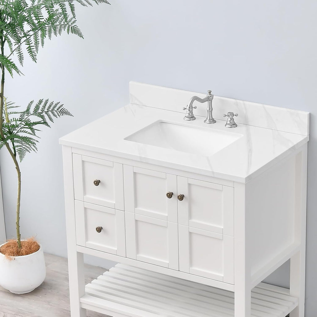 36 in. W x 22 in D Quartz Vanity Top in Calacatta Rocky, Vanity Sink Top with Assembled Single Drop-in Sink, Pre-Drilled Widespread Faucet Holes Countertop with 4' H Backsplash