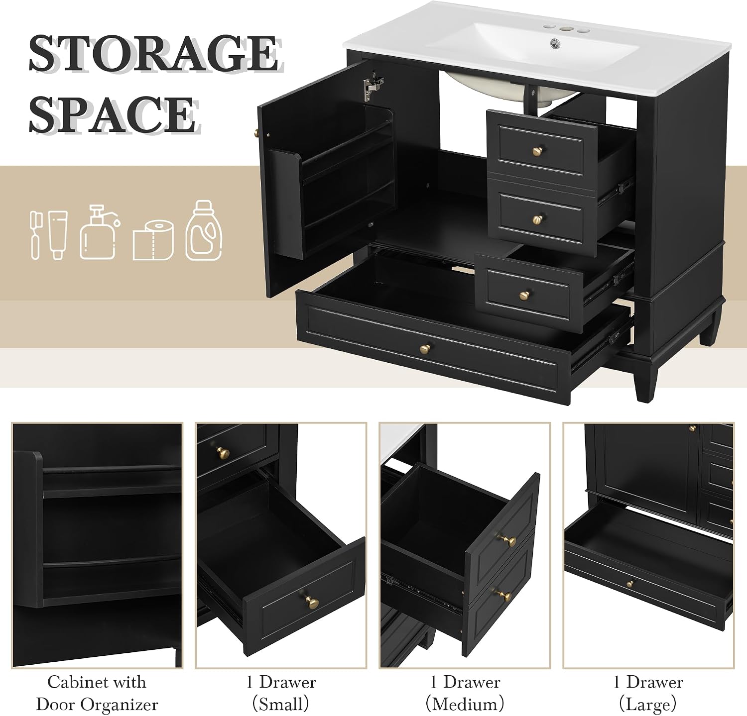36' Modern Freestanding Bathroom Vanity with Ceramic Sink Top, 3 Drawers & Storage Shelves - MDF & Solid Wood Base