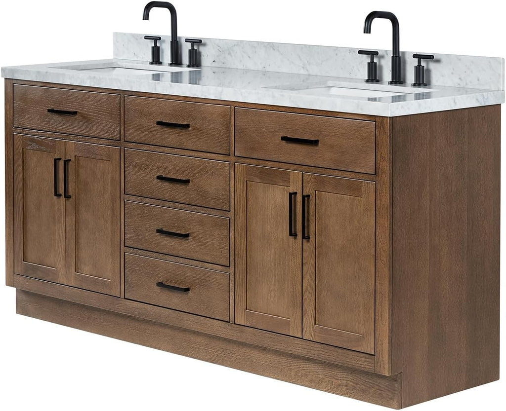 DKB Isabella 72-Inch Brown Oak Double Bathroom Vanity with Sink, 1.5-Inch Edge Italian Carrara Marble Countertop & 4' Backsplash, Soft-Closing Doors & Drawers, Solid Oak Wood Construction