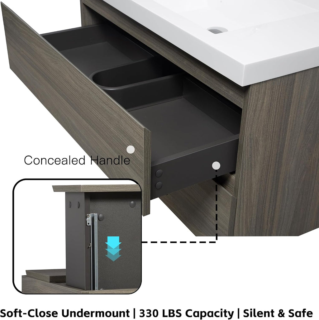 Neftis 36-Inch Floating Vanity with Sink, Pre-Assembled Modern Bathroom Vanity Sink Combo with Storage, Soft-Closing Drawers, One-piece Countertop White Resin Sink, Ash Grey Vanity for Bathroom