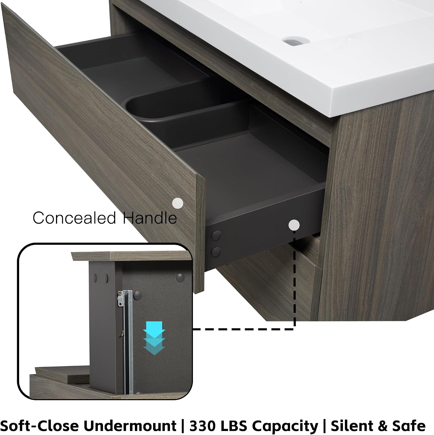 Neftis 36-Inch Floating Vanity with Sink, Pre-Assembled Modern Bathroom Vanity Sink Combo with Storage, Soft-Closing Drawers, One-piece Countertop White Resin Sink, Ash Grey Vanity for Bathroom