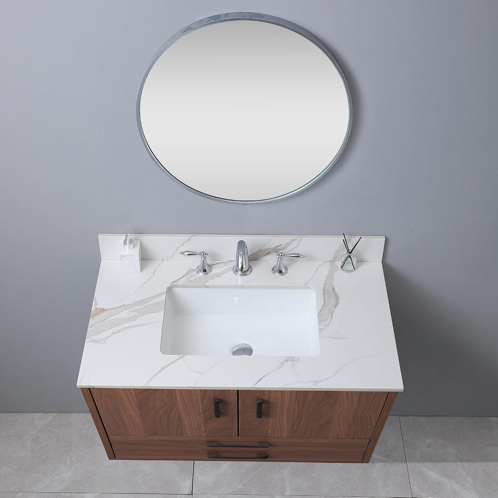 37 x 22 Inch Bathroom Vanity Top, Sintered Stone Top with Ceramic Sink, Three Hole Vanity Top With Undermount Rectangular Sink and 1 Backsplash (Carrara Gold, 3 Hole)