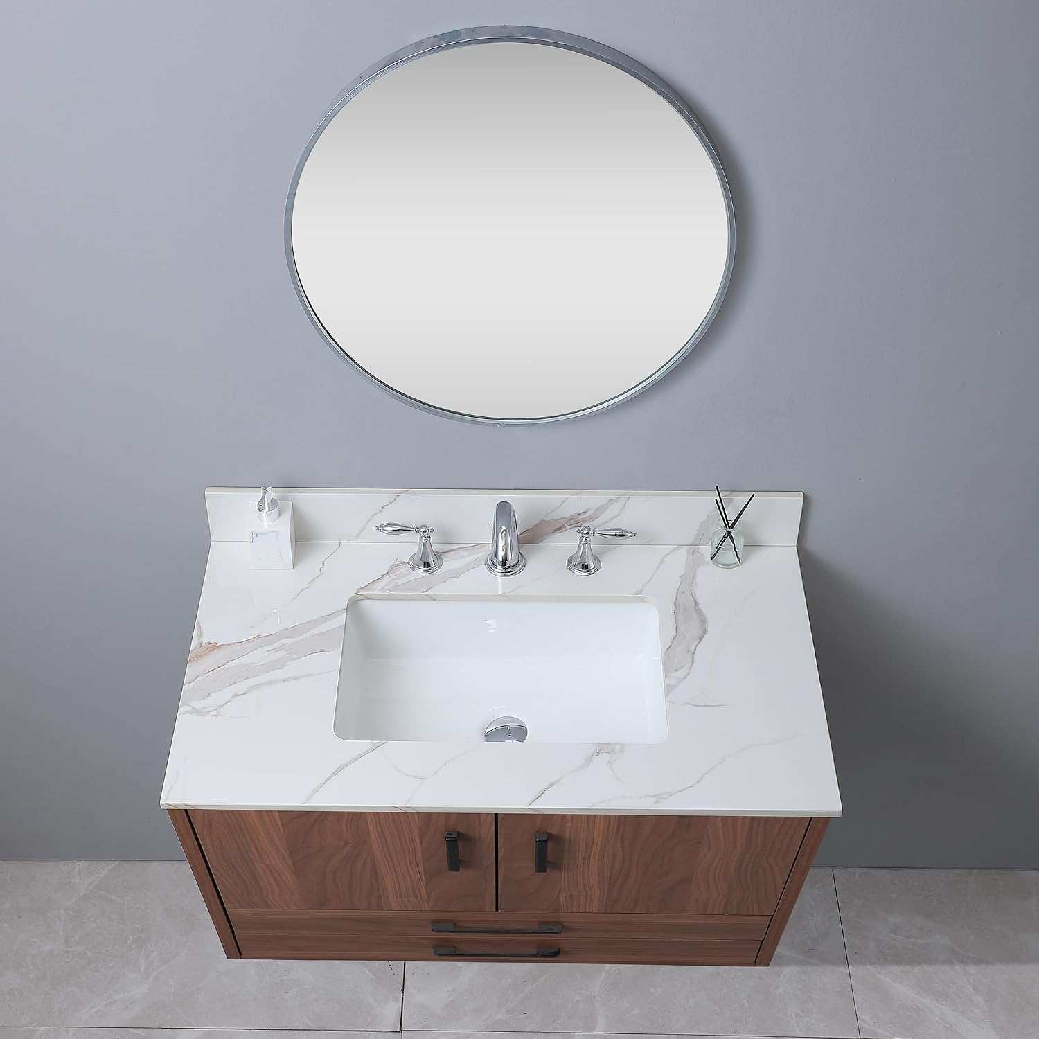 37 x 22 Inch Bathroom Vanity Top, Sintered Stone Top with Ceramic Sink, Three Hole Vanity Top With Undermount Rectangular Sink and 1 Backsplash (Carrara Gold, 3 Hole)