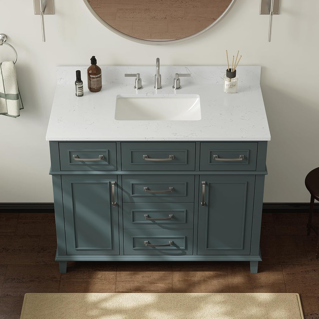 42 Inch Bathroom Vanity with Sink, Single Sink Bathroom Vanity with Adjustable Feets, Modern Bathroom Storage Cabinet with Soft Closing Doors & Dovetail Drawers, Green