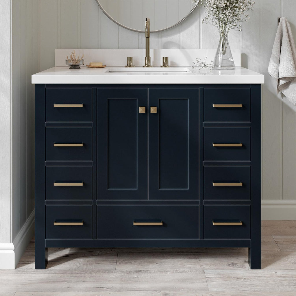 ARIEL Cambridge 42-inch Bathroom Vanity with Sink,Solid Wood, 1.5-inch Pure White Quartz Countertop, Single Rectangular Porcelain Sink, 2 Soft Closing Doors, 9 Dovetail Drawers, Midnight Blue