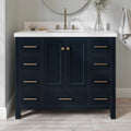 ARIEL Cambridge 42-inch Bathroom Vanity with Sink,Solid Wood, 1.5-inch Pure White Quartz Countertop, Single Rectangular Porcelain Sink, 2 Soft Closing Doors, 9 Dovetail Drawers, Midnight Blue
