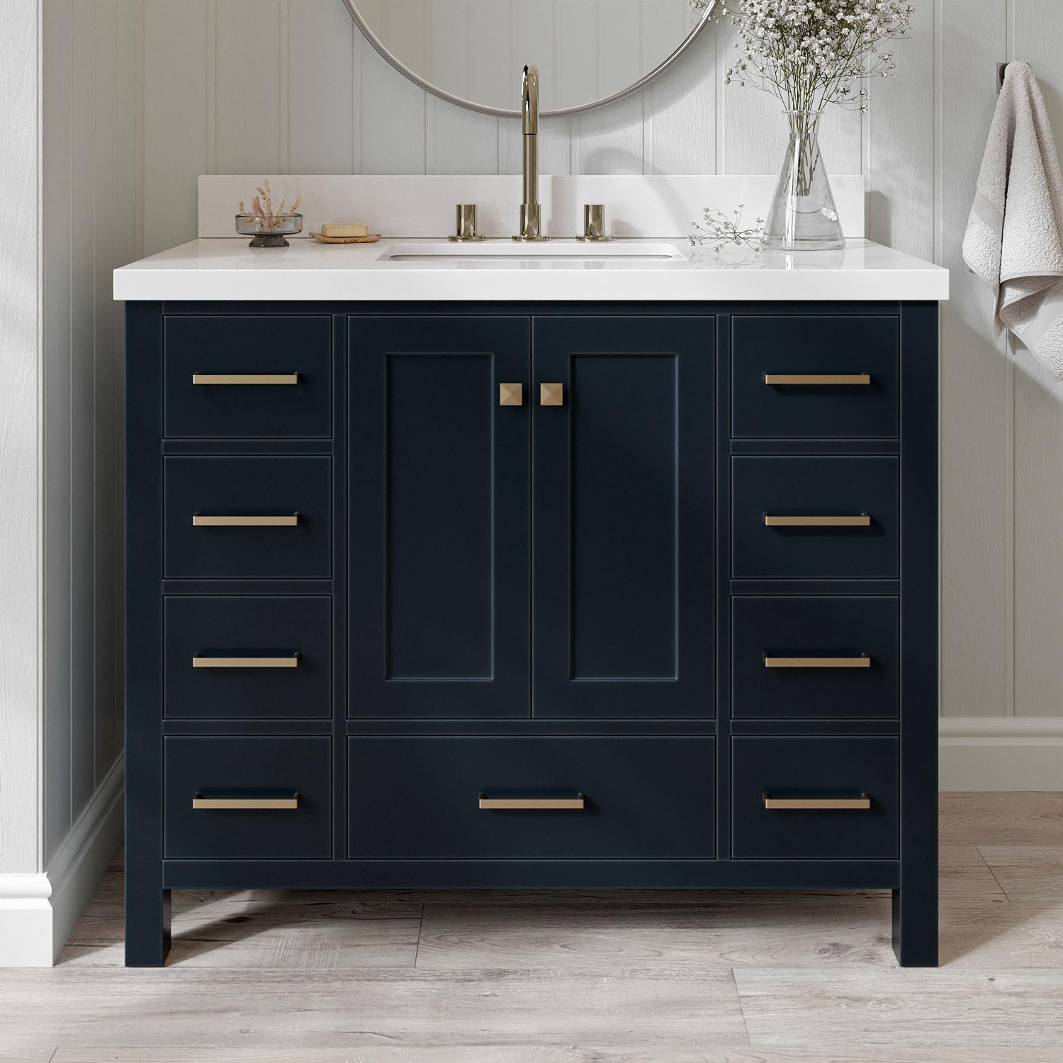 ARIEL Cambridge 42-inch Bathroom Vanity with Sink,Solid Wood, 1.5-inch Pure White Quartz Countertop, Single Rectangular Porcelain Sink, 2 Soft Closing Doors, 9 Dovetail Drawers, Midnight Blue