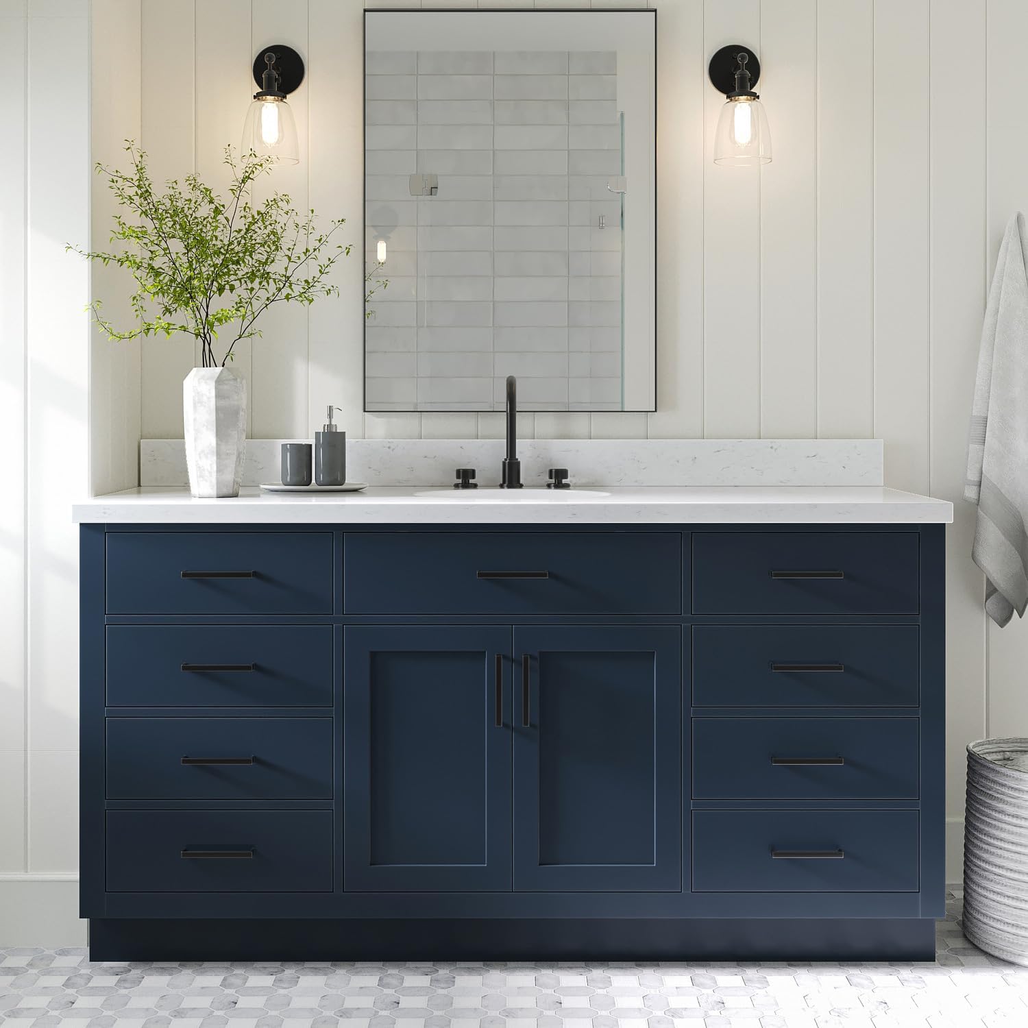 ARIEL Hepburn 66-inch Bathroom Vanity with Sink,Solid Wood, 1.5-inch Carrara White Quartz Countertop, Single Oval Porcelain Sink, 2 Soft Closing Doors, 9 Dovetail Drawers, Midnight Blue