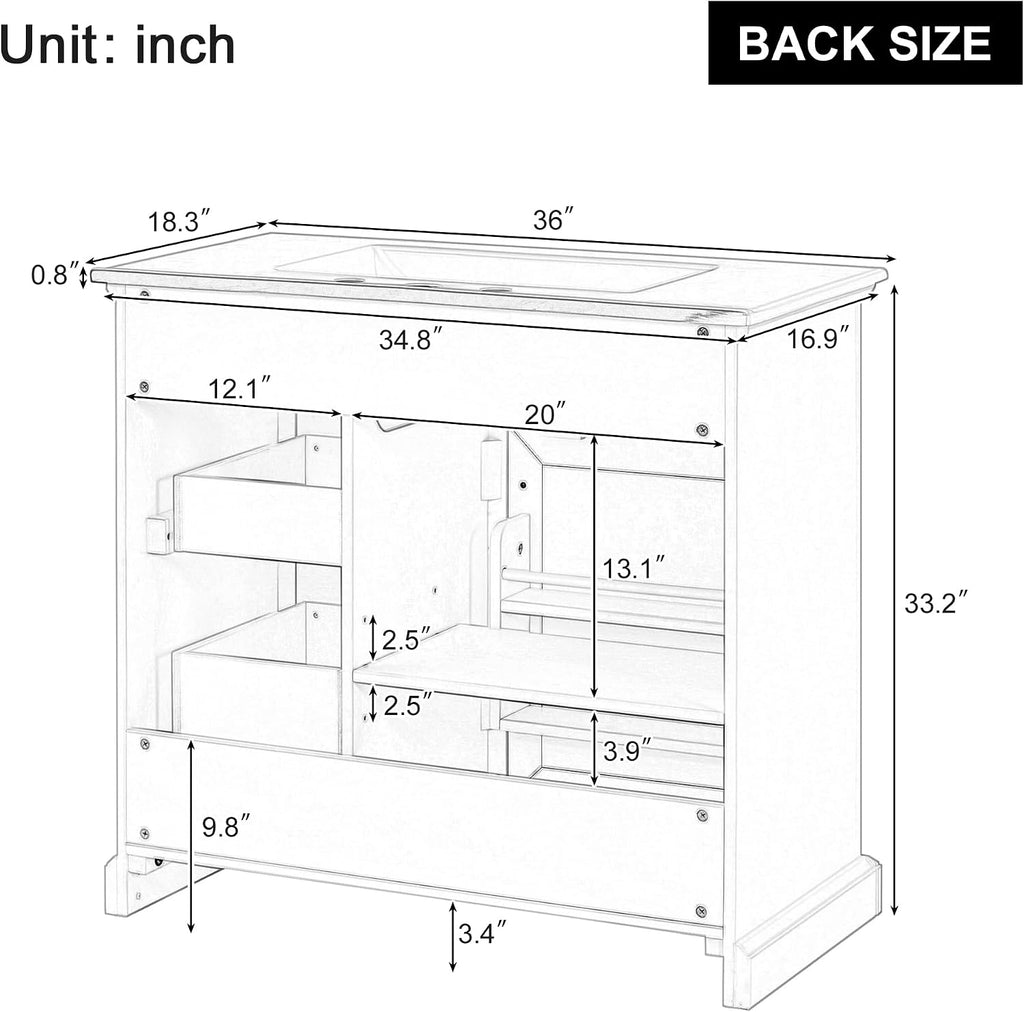 36' Bathroom Vanities with Ceramic Sink Set, Tip-Out Drawers, Storage Cabinet with Door Shelf, Soft-Closing Doors, Grey