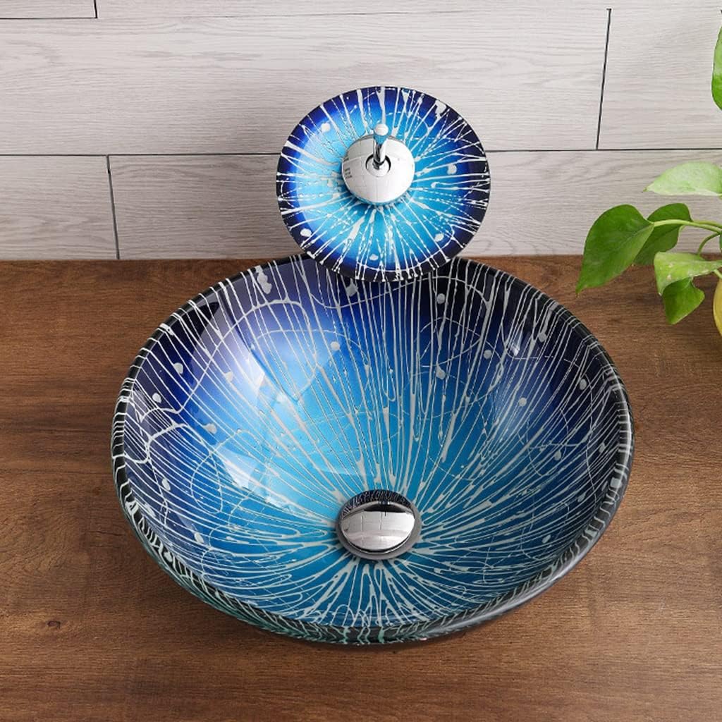 MBROS Tempered Glass Vessel Sink Mediterranean Style Art Wash Basin Counter Top Installation Vanity Sinks with Waterfall Chrome Faucet Combo and Pop Up Sink Drain (Color : Blue, Size : 42x42x14.5c