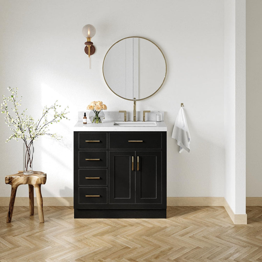 ARIEL Hepburn 36-inch Bathroom Vanity with Sink,Solid Wood, 1.5-inch Carrara White Quartz Countertop & Backsplash, Single Rectangular Porcelain Sink, 2 Soft Closing Doors, 5 Dovetail Drawers, Black