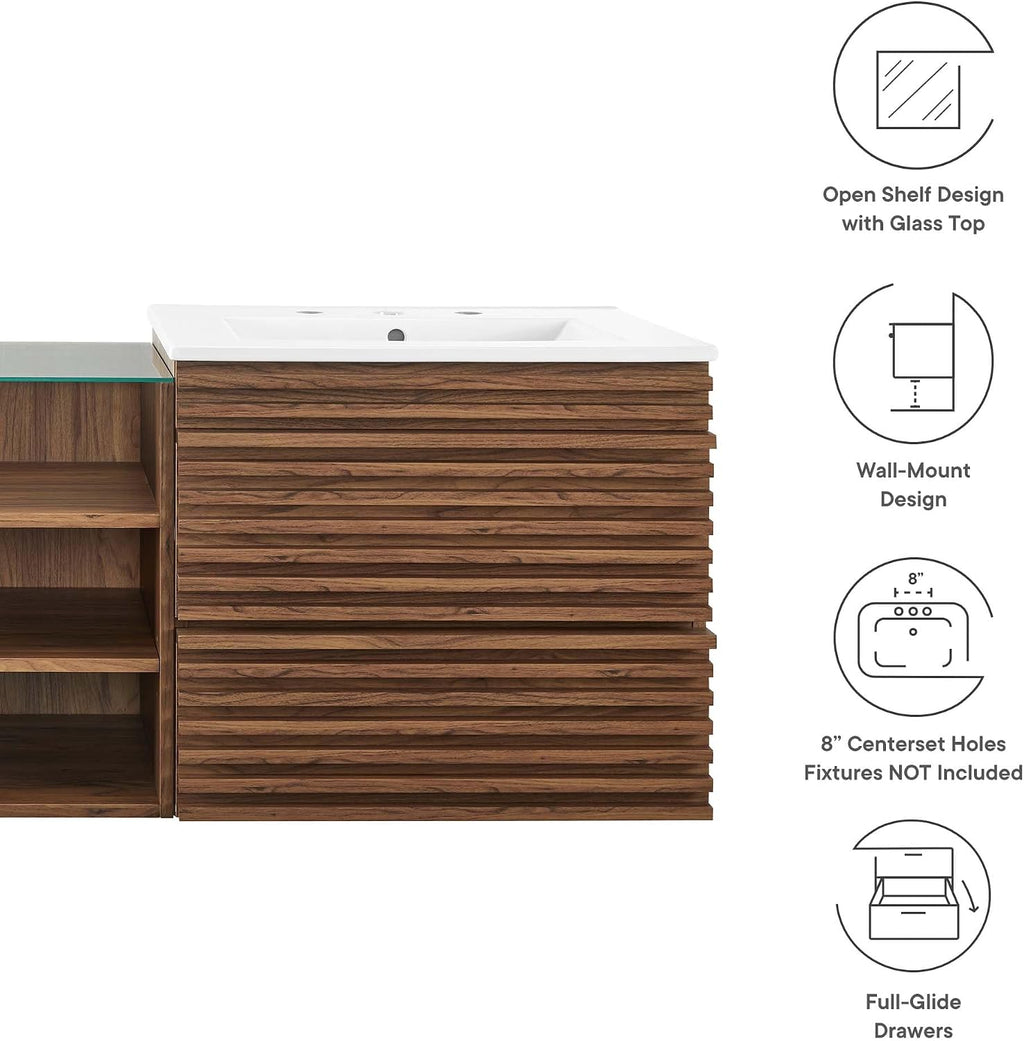 Modway Render 62 Inch Mid-Century Modern Floating Bathroom Vanity with Double Sink in Walnut White – Wall-Mount Vanity with Storage Cabinet and Dual Ceramic Sinks