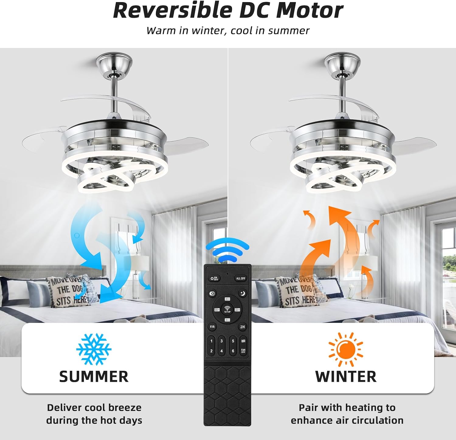 36 Inch Retractable Ceiling Fan with Lights,Dimmable,6 speeds,DC Motor,Modern DIY Ceiling Fan with Lights Remote Control for Bedroom Living Room Kitchen (Silver, 36 inch)