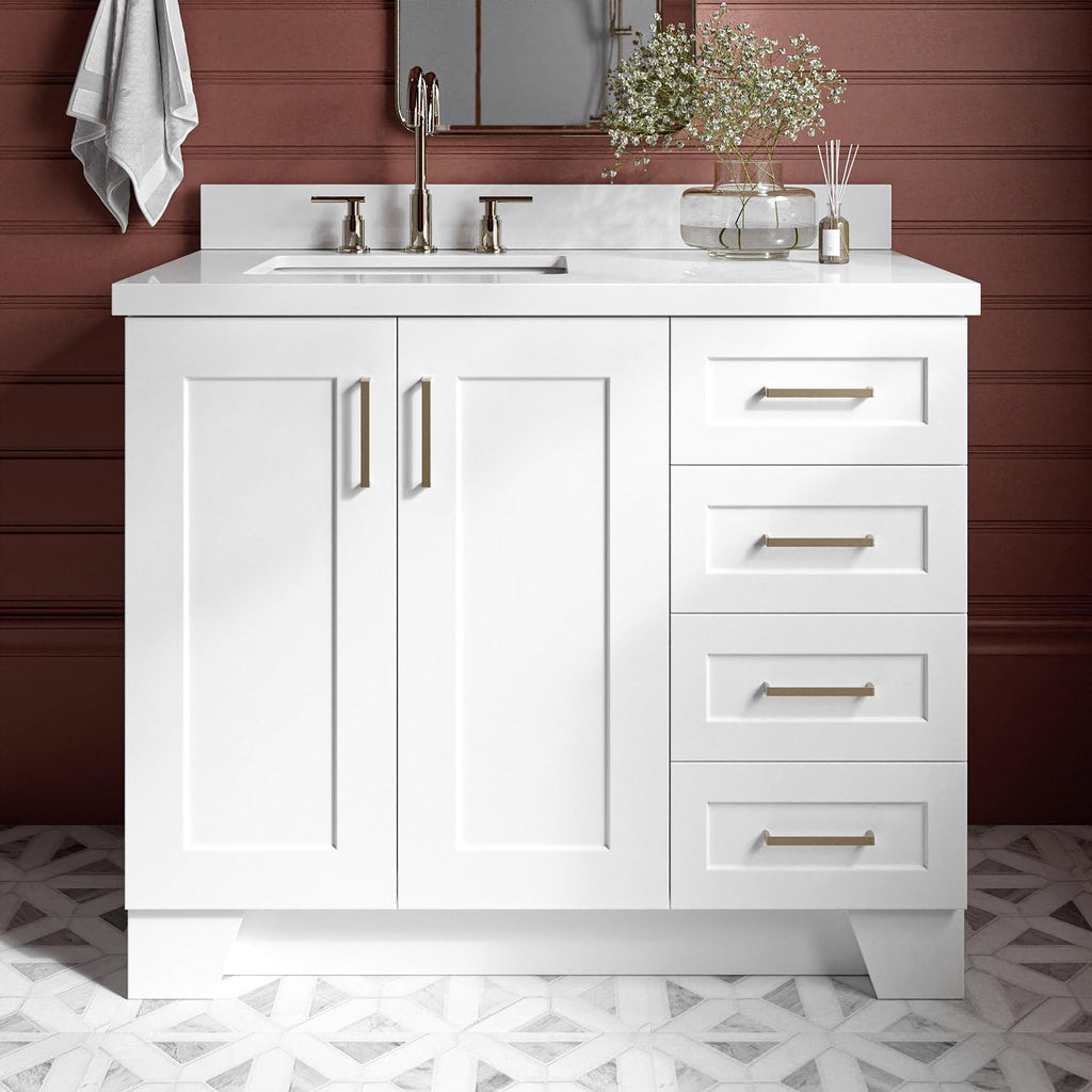 ARIEL Taylor 42-inch Bathroom Vanity with Sink,Solid Wood, 1.5-inch Pure White Quartz Countertop, Single Rectangular Porcelain Sink, Soft Closing Doors, Dovetail Drawers, White